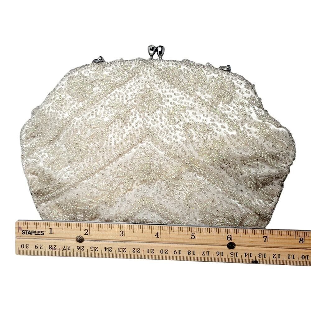 Vintage Off White Beaded Evening Formal Purse Bag Beige Metal Clasp Closure READ - Picture 12 of 12
